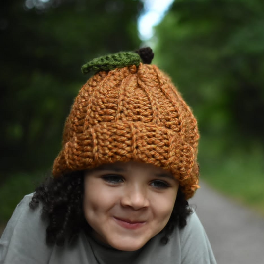 Pumpkin beanie hat with leaf and stalk