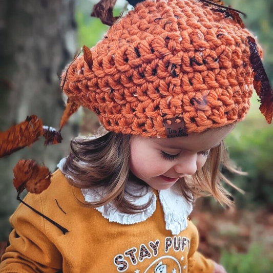 Pumpkin Beret hat with leaf and stalk
